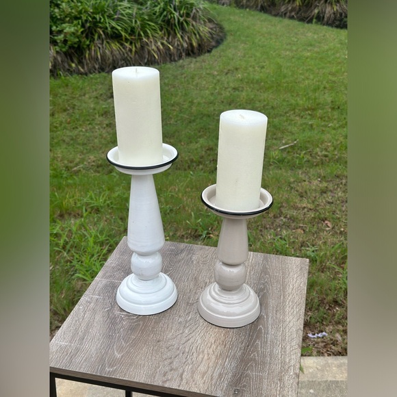 White Enamel Pillar 2 pc Candle Holders with Black Trim - Picture 5 of 8